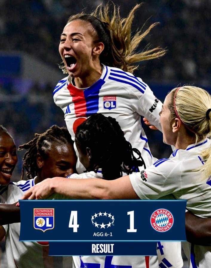  里昂女足4-1大勝拜仁女足，總比分6-1晉級女足歐冠半決賽